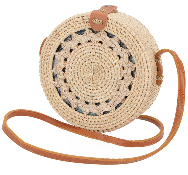 GURU SHOP Geflochtene Handtasche, Korbtasche, Rattantasche, Balitasche Rund - Modell 1, 20x20x7 cm,