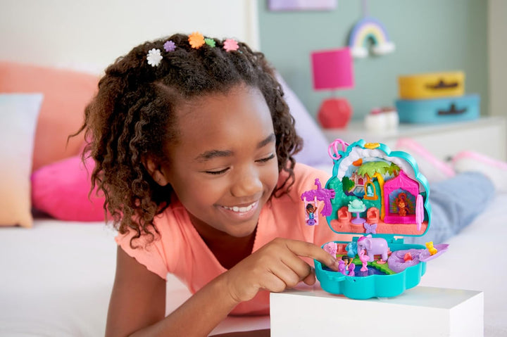 Polly Pocket-Puppen und Spielset, Peacock Garden-Schatulle, Reisespielzeug mit 2 kleinen Puppen und