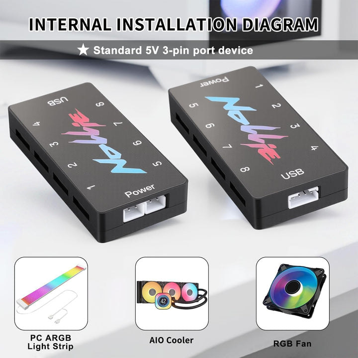 8-Port Signal RGB Controller – SATA-gespeister ARGB-Controller PC-Beleuchtungs-Hub, 5V 3PIN ARGB-Spl