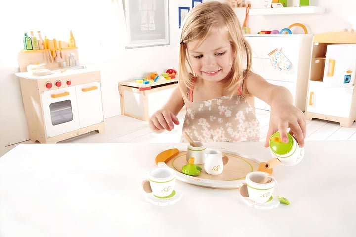 Hape Tea Set for Two Wooden Tea Party Playset , Wooden Pretend Tea Playset for Kids, Kitchen Accesso