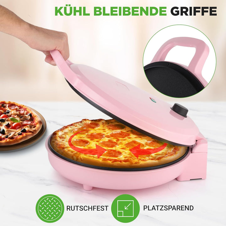 NutriChef Elektrischer Pizzaofen Pink – 1500W Kompaktgerät für 30cm Pizza Antihaftplatte für Pizza,