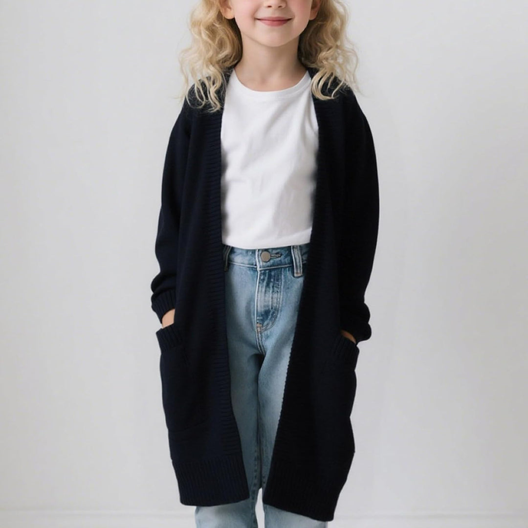 Cardigan Mädchen Lang Strickjacke Mit Taschen Strickcardigan Casual Langarm Strickmantel Kinder Open
