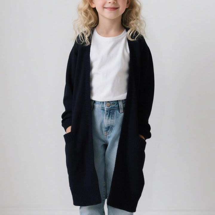 Cardigan Mädchen Lang Strickjacke Mit Taschen Strickcardigan Casual Langarm Strickmantel Kinder Open