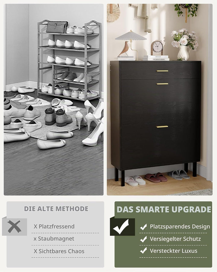 Platzsparender Schmaler Schuhschrank, 3 Schubladen, 3-Fach Verstellbare Einlegeböden, Aus Holz, Frei