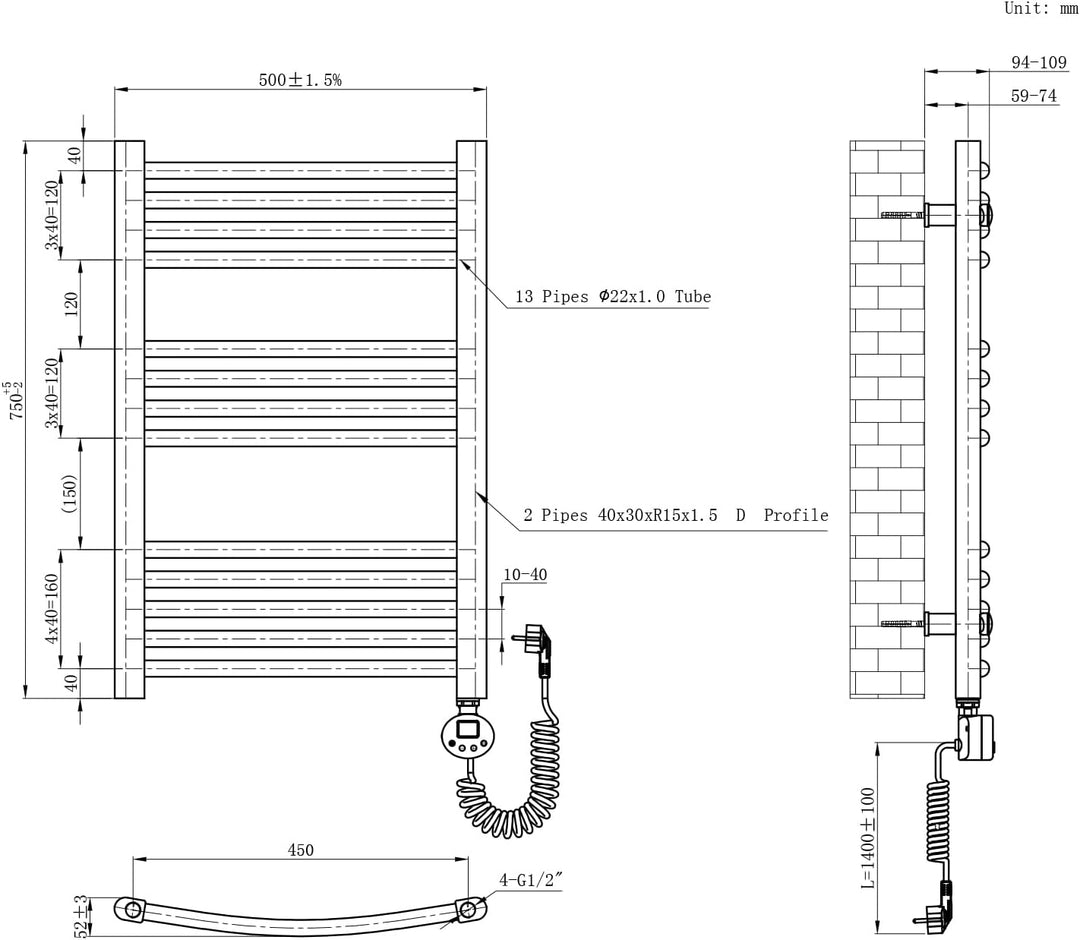 EMKE Badheizkörper Elektrisch 75x50 cm, Gebogen Handtuchheizkörper Elektrisch mit Thermostat, Handtu