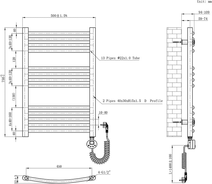 EMKE Badheizkörper Elektrisch 75x50 cm, Gebogen Handtuchheizkörper Elektrisch mit Thermostat, Handtu