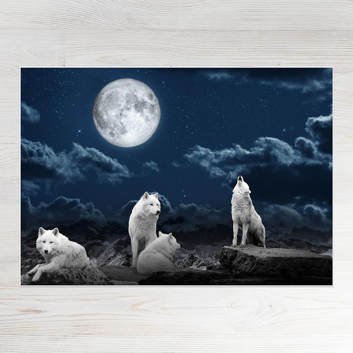 wandmotiv24 Poster als Wanddeko, Grösse 100x70cm, Wolfsrudel, Wolf, Gemälde, Mond, Wölfe, Felsen, Ti