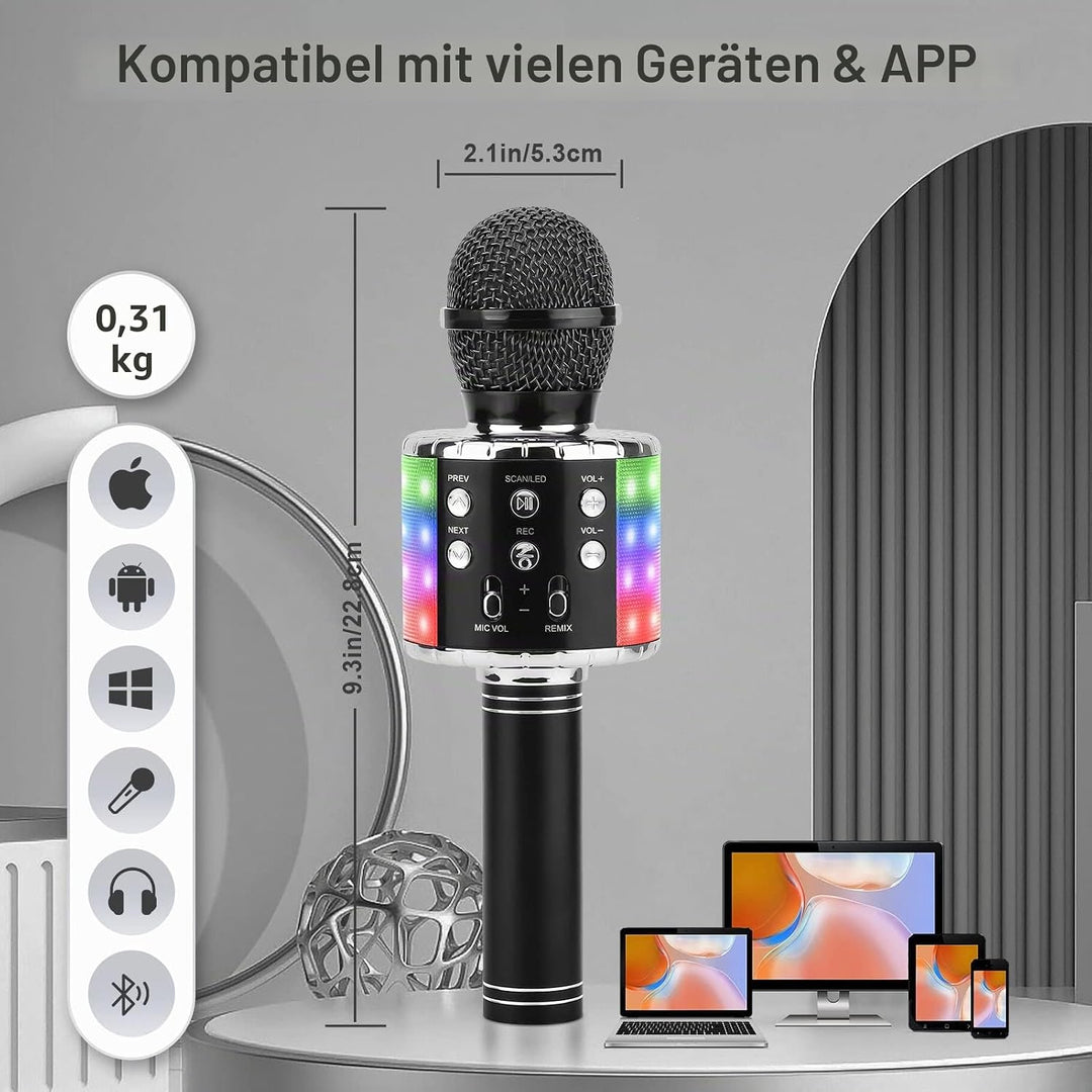 ShinePick Mikrofon Kinder Bluetooth, 4-in-1 Drahtloses Karaoke Mikrofon, Tragbare LED Microphone Spi