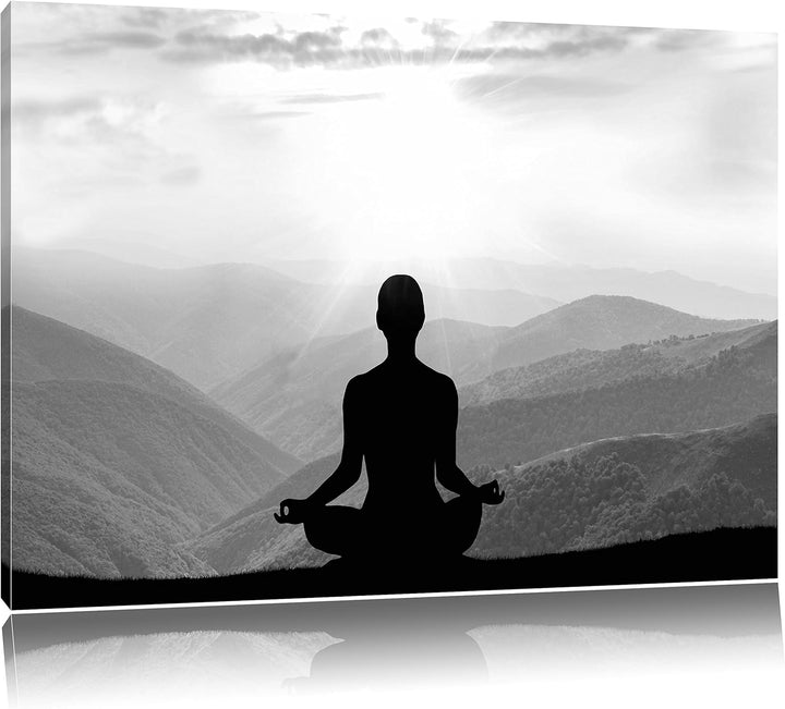 Pixxprint Meditierender Mensch in den Bergen Kunst B&W, Format: 100x70 auf Leinwand, XXL riesige Bil