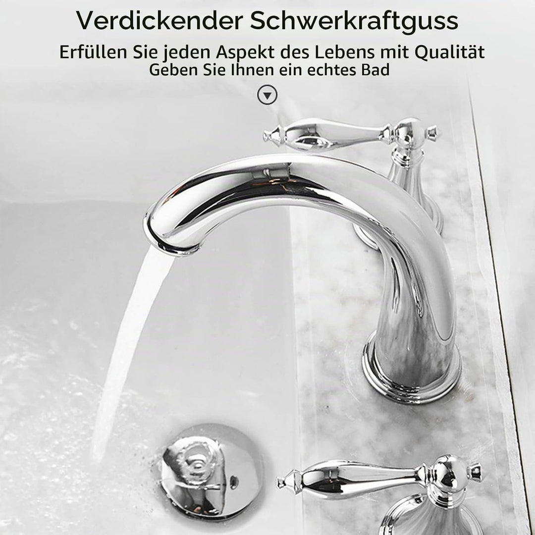 3 Loch Waschtisch Armatur, Vintage Waschbecken Mischbatterie mit Doppelgriff, Vollkupfer Deckmontage