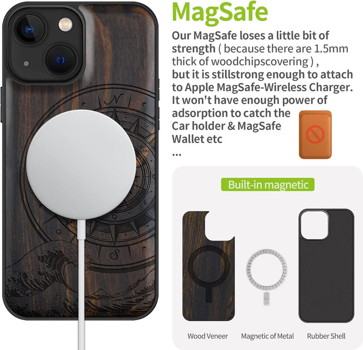 Carveit Magnetisch Hülle für iPhone 13 Mini [Elegante Schwarzholz] [Weich TPU Stossstange] Stossfest