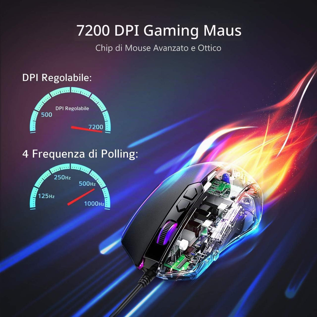 VIVIJO Gaming-Maus, kabelgebunden, hohe Leistung, Gaming-Maus mit 7200 dpi, verstellbar, RGB, 8 prog