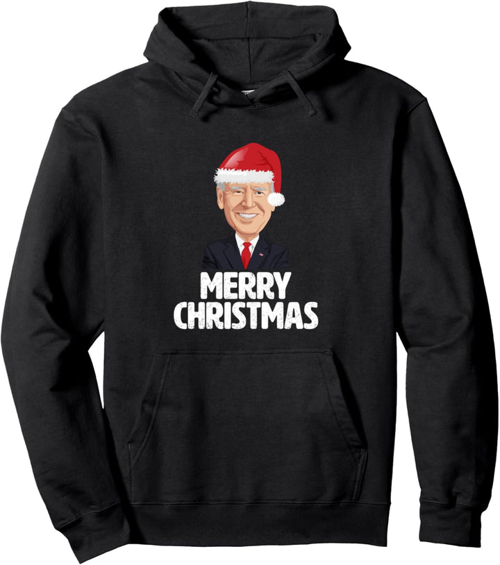 Joe Biden w/ Santa Claus Hat Merry Christmas Funny Graphic Pullover Hoodie