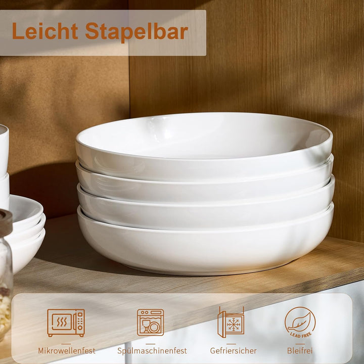 1400ml Pastateller 4er Set, Weiss Porzellan Keramik Nudelteller, 25cm, 46oz | Grosse Pastaschale für