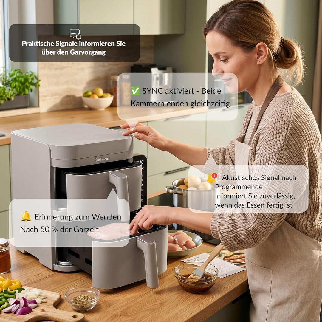 LEHMANN Heissluftfritteuse 2 Kammern XXL, 12 L, 2 vertikale Schubladen, 40-230°C, Antihaftbeschichtu