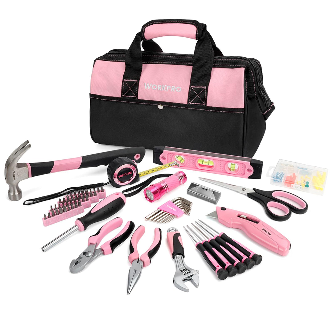 WORKPRO Pink Werkzeug Set Rosa Werkzeugkoffer 106-teilig Haushalts-Werkzeugsatz Reparatur inkl. Tasc