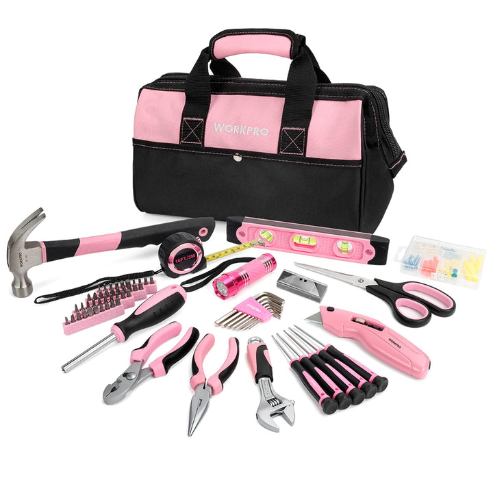 WORKPRO Pink Werkzeug Set Rosa Werkzeugkoffer 106-teilig Haushalts-Werkzeugsatz Reparatur inkl. Tasc