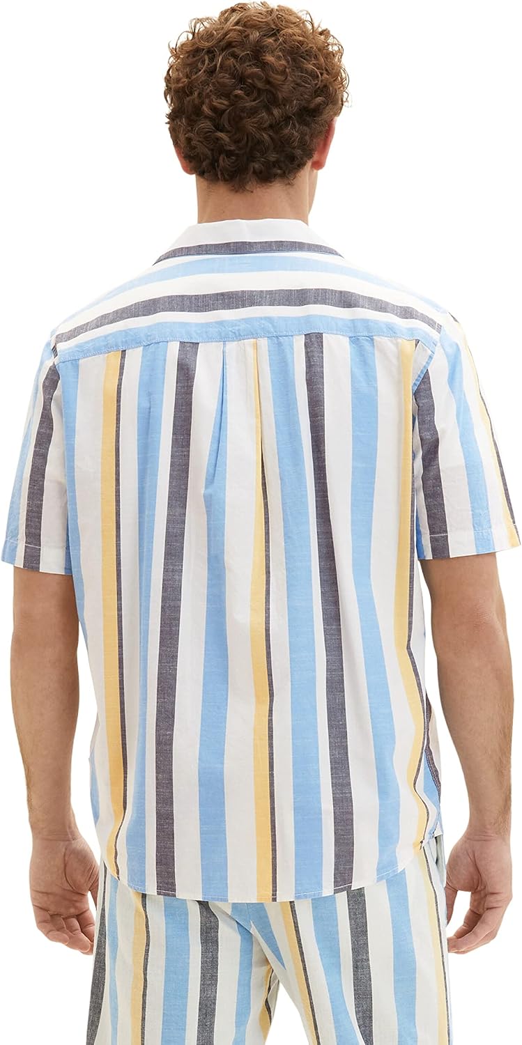 TOM TAILOR Herren Comfort Fit Kurzarm-Hemd mit Streifen L 31778 - Blue Multicolor Big Stripe, L 3177