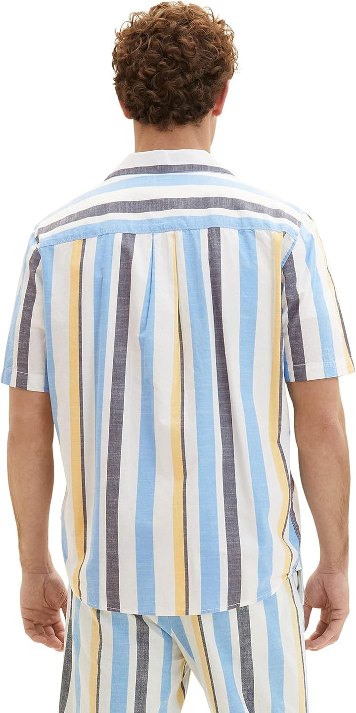 TOM TAILOR Herren Comfort Fit Kurzarm-Hemd mit Streifen L 31778 - Blue Multicolor Big Stripe, L 3177