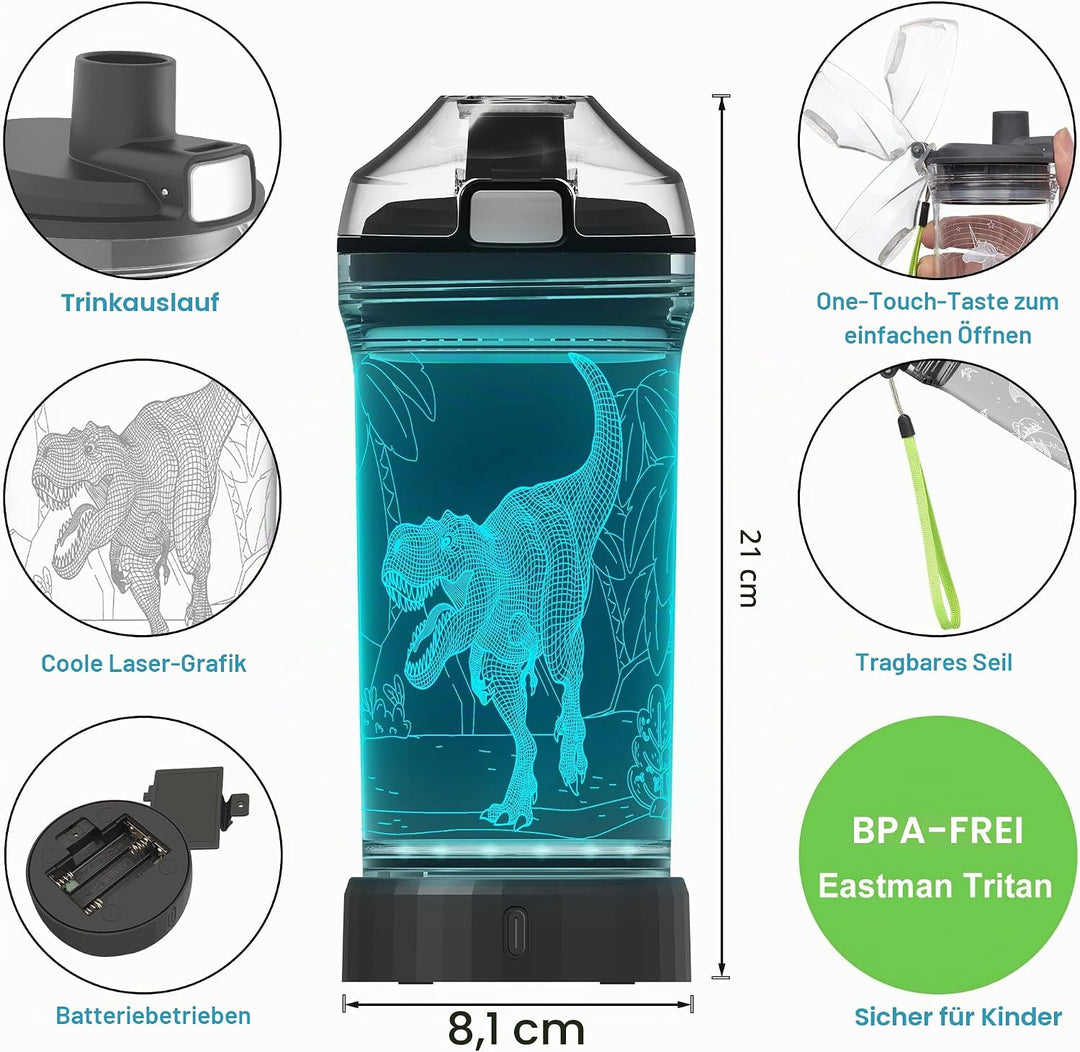 Lightzz Kids Wasserflasche mit 3D leuchtendem Dinosaurier LED Licht - 14 OZ Tritan BPA Free - Kreati