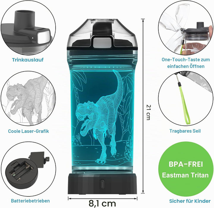 Lightzz Kids Wasserflasche mit 3D leuchtendem Dinosaurier LED Licht - 14 OZ Tritan BPA Free - Kreati
