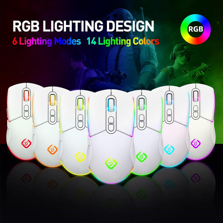Kabellose Gaming Maus, Dual Mode 2.4GHz/Bluetooth 5.1 Maus Gaming, RGB LED Hintergrundbeleuchtung, E