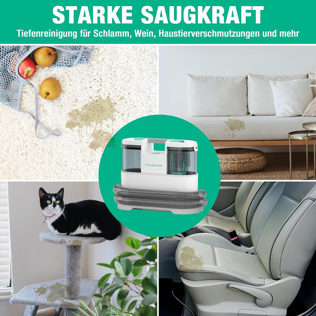HAUSHOF StainZapper Pro Waschsauger Teppichreiniger, 450W 12kPa Polsterreiniger 1,5+0,8L mit Reinigu