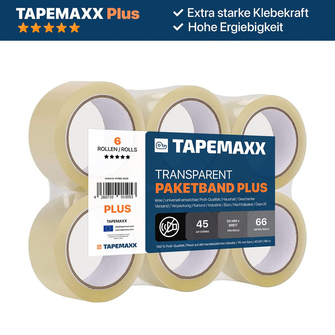 TAPEMAXX ROLLER 1 Abroller Set mit 12 Rollen TAPEMAXX PLUS Paketklebeband Transparent Leise 48mm x 6