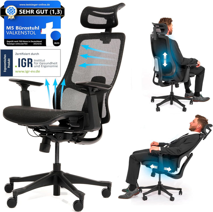 VALKENSTOL M5 Ergonomischer Bürostuhl [Höhenverstellbare Rückenlehne, Einstellbare Sitztiefe, Mesh-S