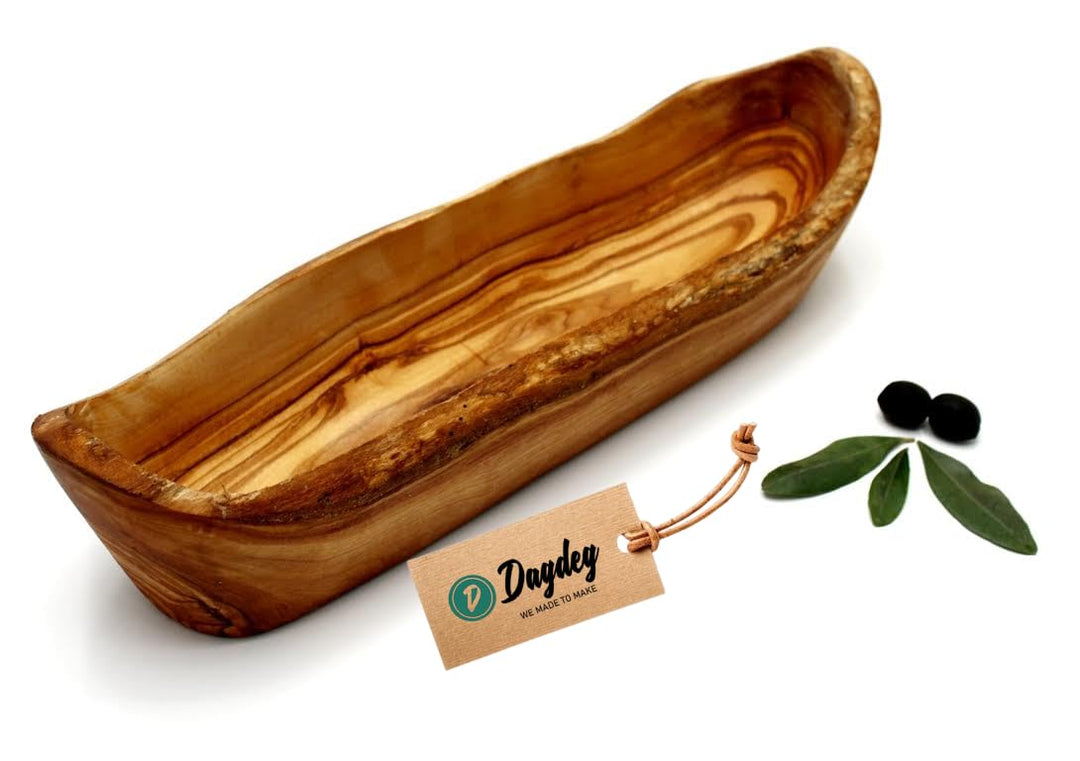 DAGDEG Brotschale aus Olivenholz 30 cm – rustikale Obstschale Holz länglich – Handmade Baguette Scha