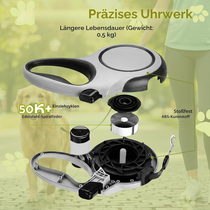 Hundeleine 8m, Robuste Rollleine für Hunde bis 50kg/110lbs, Flexileine mit Bequemen Griff &amp; Kotbeute