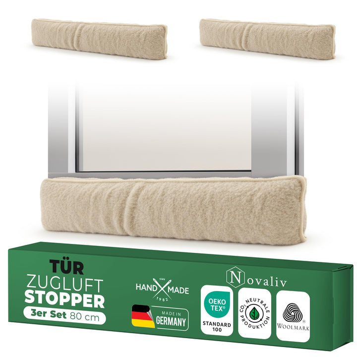 Zugluftstopper für Türen 80cm Natur Schurwolle – stoppt Zugluft & Kälte, dämpft Lärm/Staub/Licht, ru
