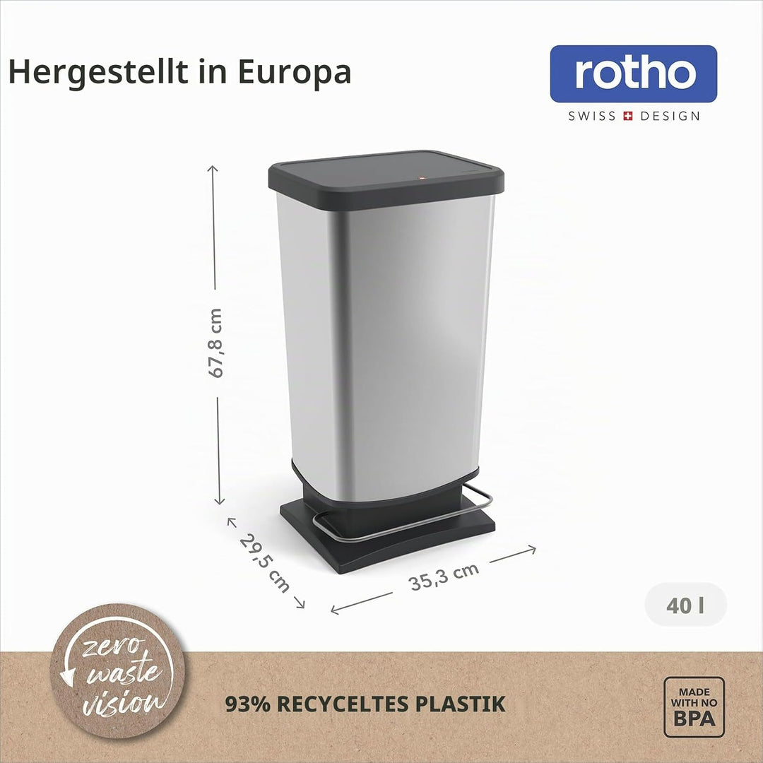 Rotho Paso Mülleimer mit Deckel 40l | Tretmülleimer in Edelstahloptik für Küche, Bad, Werkstatt | pf