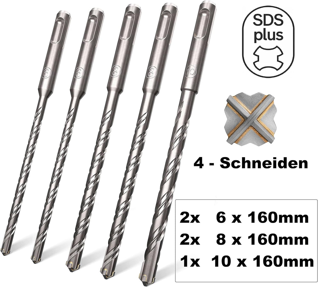SDS Plus Bohrer Set | Hammerbohrer für Beton mit 4 Schneiden | in den Grössen 6,6,8,8,10 | Betonbohr