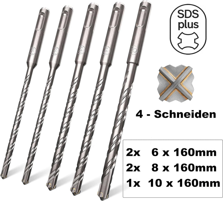 SDS Plus Bohrer Set | Hammerbohrer für Beton mit 4 Schneiden | in den Grössen 6,6,8,8,10 | Betonbohr