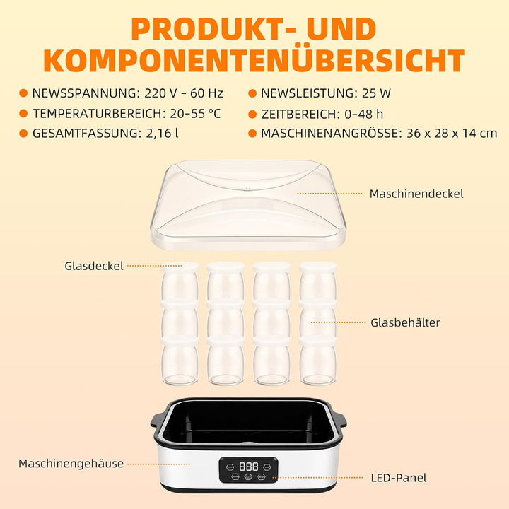 Joghurtbereiter 25W inkl. 12 Gläsern à 180 ml, Joghurtmaschine mit Temperatur und LCD Display Timer,
