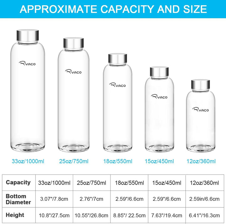 Ryaco Trinkflasche aus Glas 550ml/750ml/1000ml/1L,Glasflasche mit Neoprenhülle,Glastrinkflasche mit