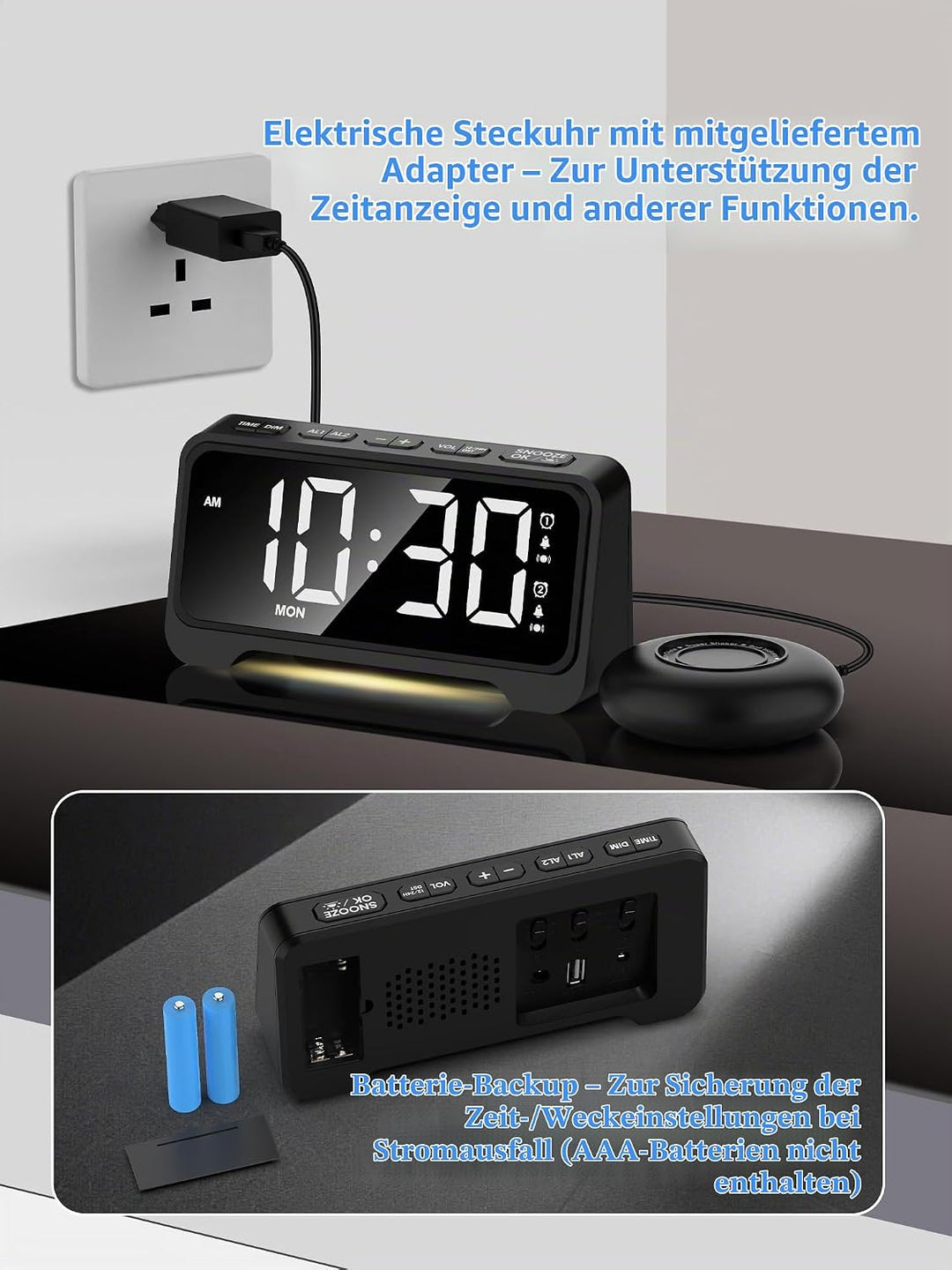 Mesqool Vibrationswecker, Lauter Wecker für Tiefschläfer, Digitaler Wecker mit Nachtlicht, Grosses D