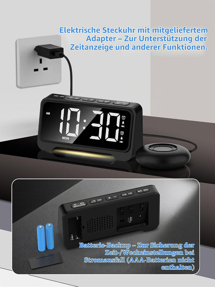 Mesqool Vibrationswecker, Lauter Wecker für Tiefschläfer, Digitaler Wecker mit Nachtlicht, Grosses D