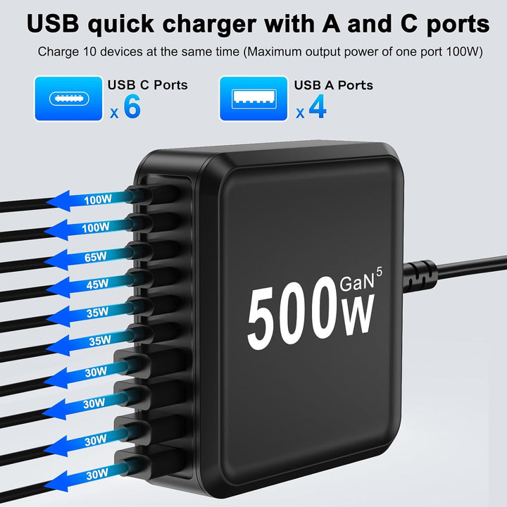 500W USB C Ladegerät Mehrfach, GaN V 10 Ports USB Ladegerät Mehrfach, 500W 10-Port Schnellladegerät
