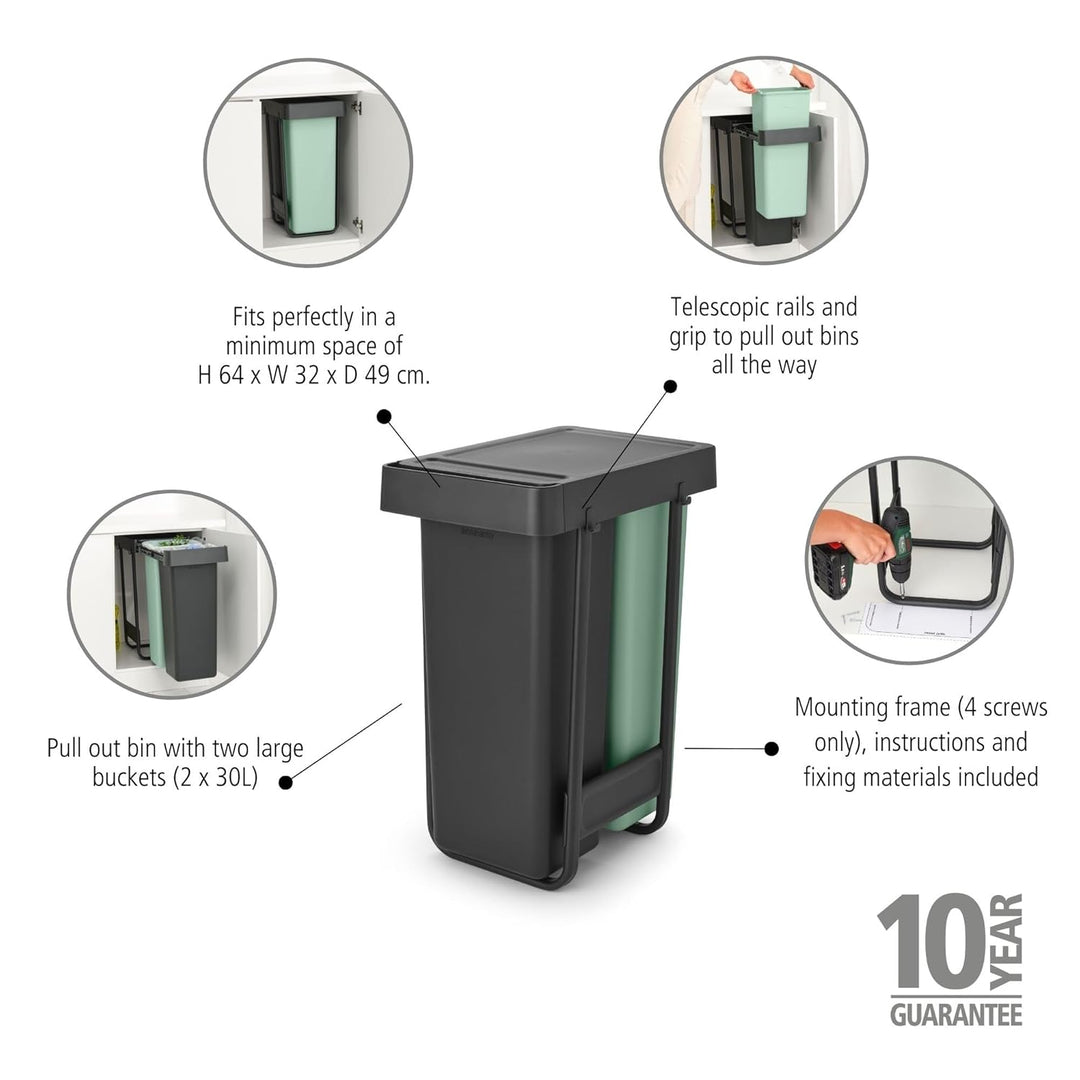 Brabantia Sort & Go Ausziehmülleimer | 2 x 30 l Einbaumülleimer für die Unterschranktür | Integriert