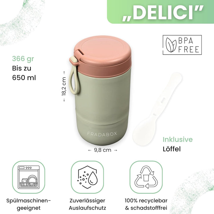 FRADABOX - Lunchpot „Delici“, Müslibecher to go, 2 Etagen Joghurtbecher mit Löffel, Auslaufsicher fü