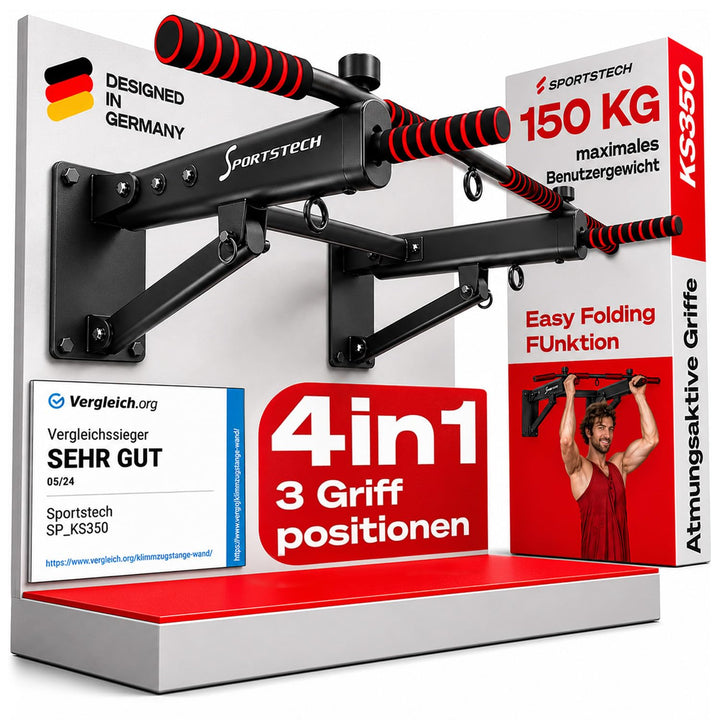 Sportstech Innovative 4in1 Klimmzugstange zur Wandmontage | neuartig platzsparend klappbar | 3 Multi