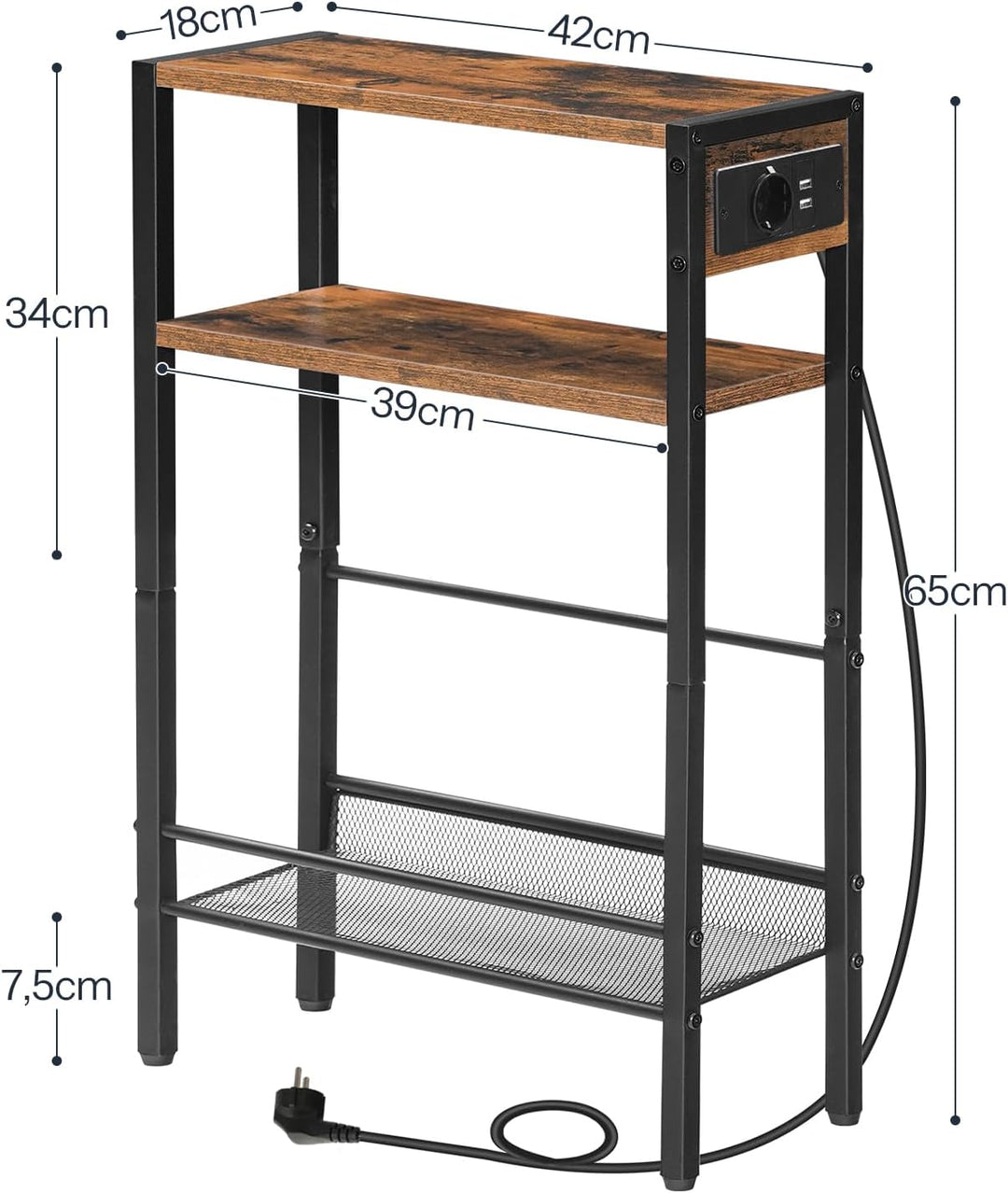 HOOBRO Beistelltisch mit Steckdosenleiste, 3-stufiger schmaler Nachttisch, 1 Standardsteckdose und 2