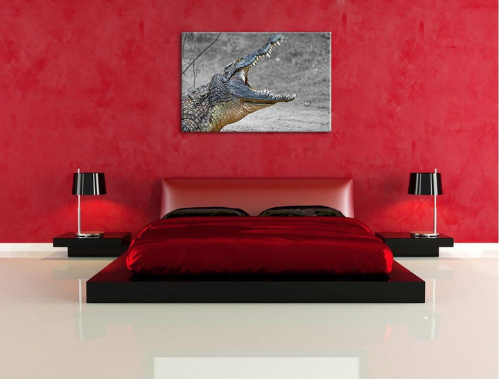 gewaltiges stolzes Krokodil schwarz/weiss auf Leinwand, XXL riesige Bilder fertig gerahmt mit Keilra