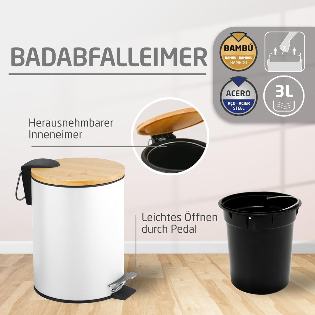 Amig - Set aus Mülleimer und WC-Bürstenhalter Naturline - Ø168 x 230 mm - Edelstahl und Bambus - Far