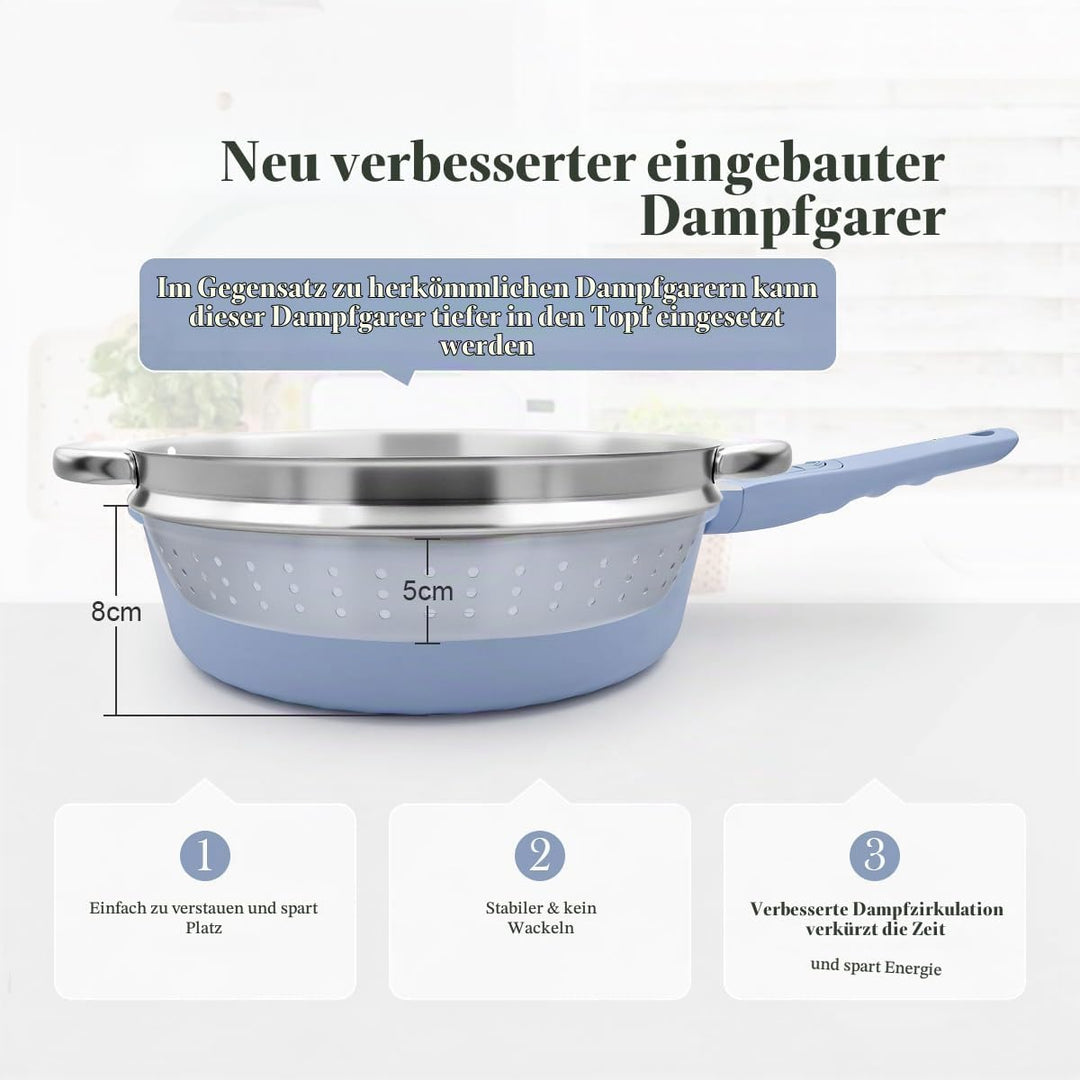 AIKENBBKK Keramik Pfanne 28 cm mit Dampfkorb, Antihaft Keramikbeschichtung Bratpfanne 28 cm mit Deck