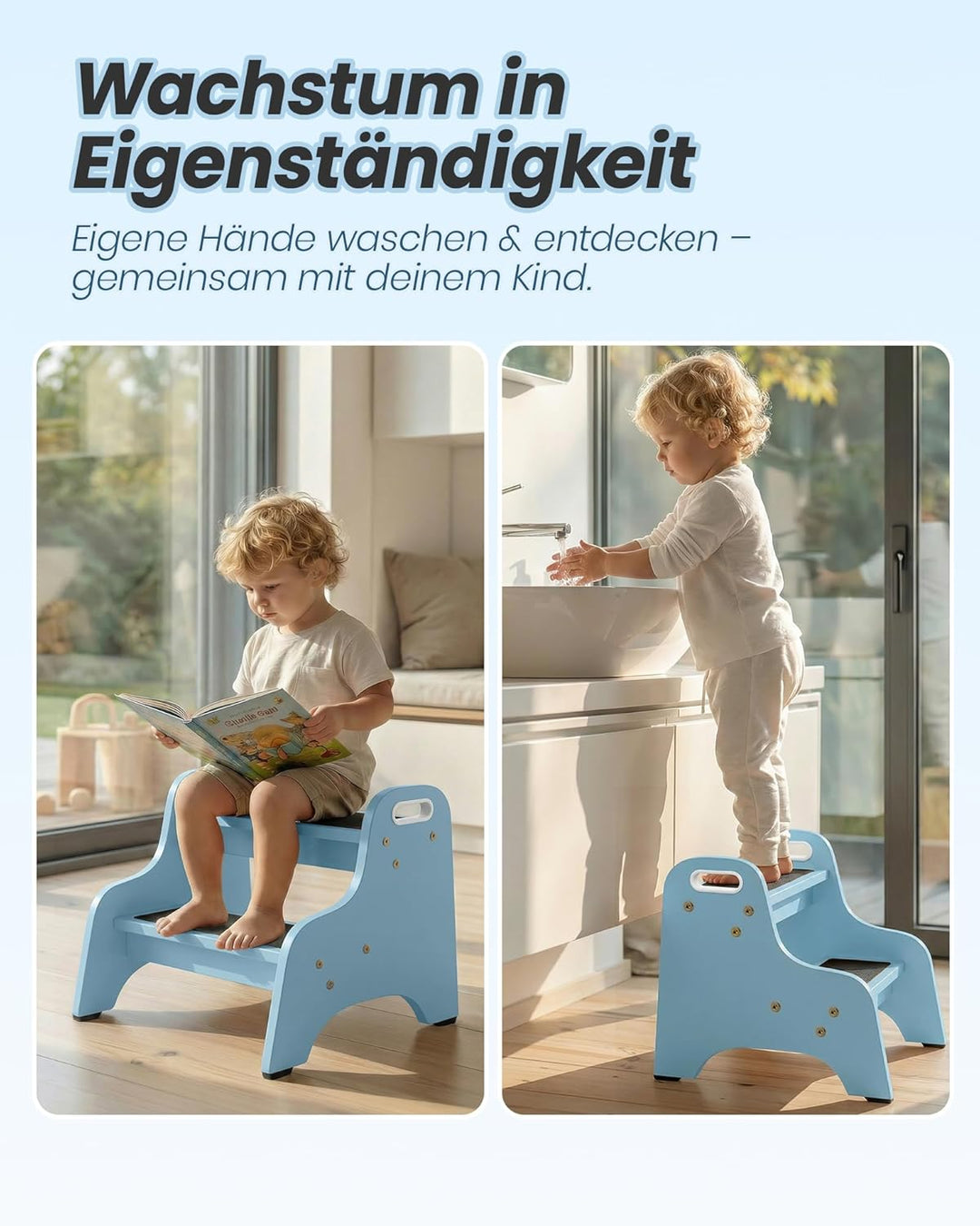 Tritthocker Kinder aus Holz – extra stabil & rutschfest, Anti-Rutsch Stufen, sichere Rundkanten, Fes