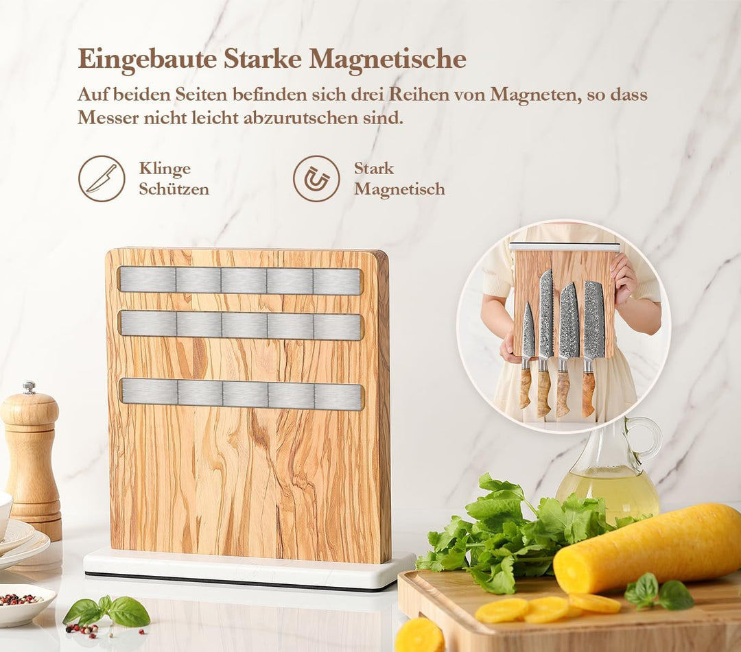 HEZHEN Magnetischer Messerblock aus Olivenholz - Doppelseitiger Magnetischer Messerhalter -Küchenmes