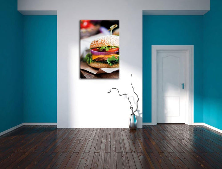 Pixxprint Burger und Pommes als Leinwandbild/Grösse: 100x70 / Wandbild/Kunstdruck/fertig bespannt, 1